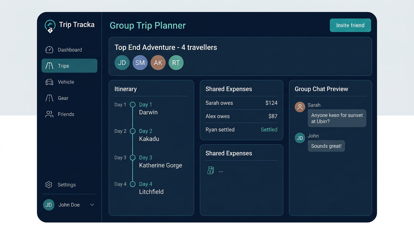 Group trip planner showing a shared Fraser Island trip with members, chat and split expenses