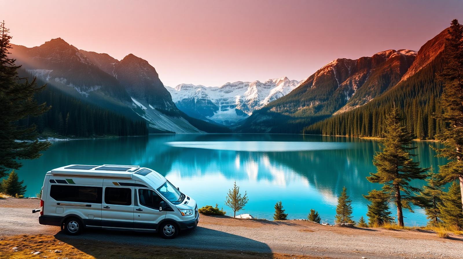 Modern campervan parked beside an alpine lake with snow-capped peaks, evoking a European road trip