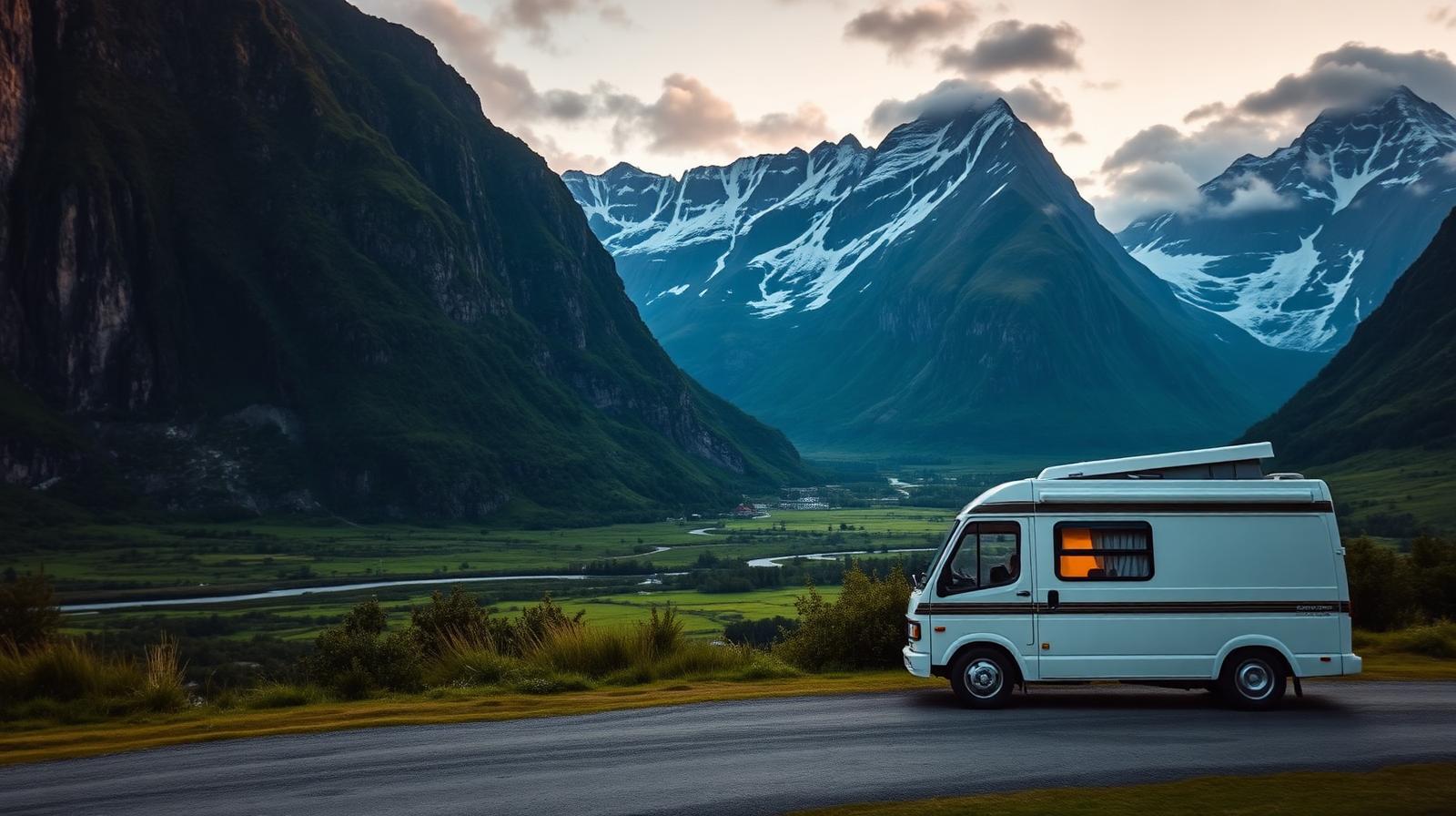 Campervan parked in a green valley below snow-capped South Island mountains near Milford Sound, evoking a New Zealand road trip