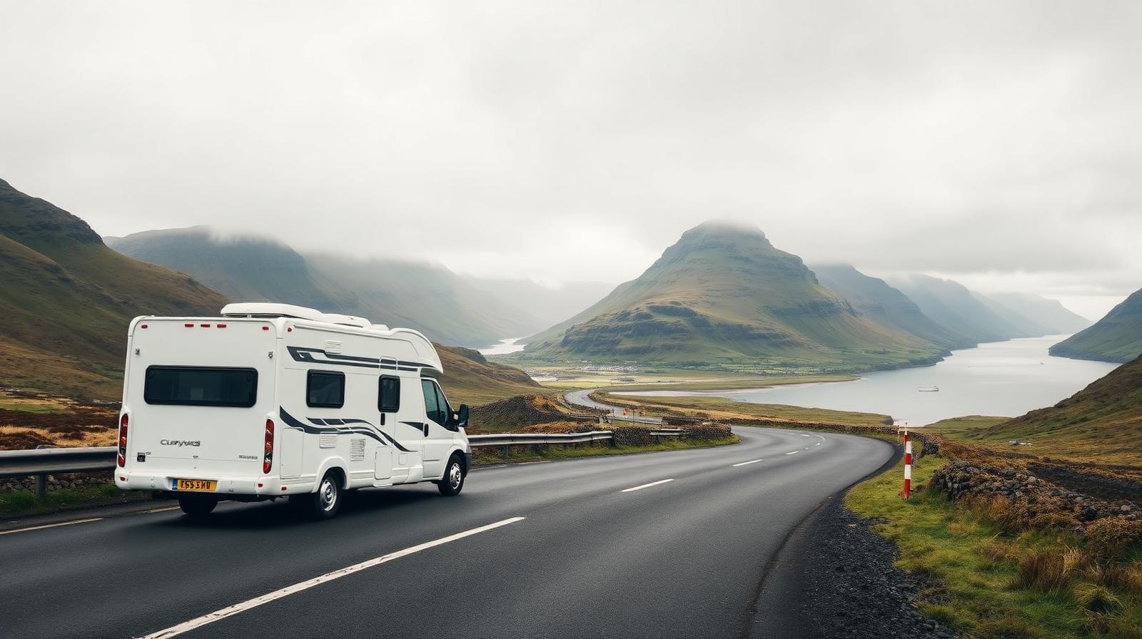 White motorhome on a winding coastal road in the Scottish Highlands by a loch, evoking a UK road trip