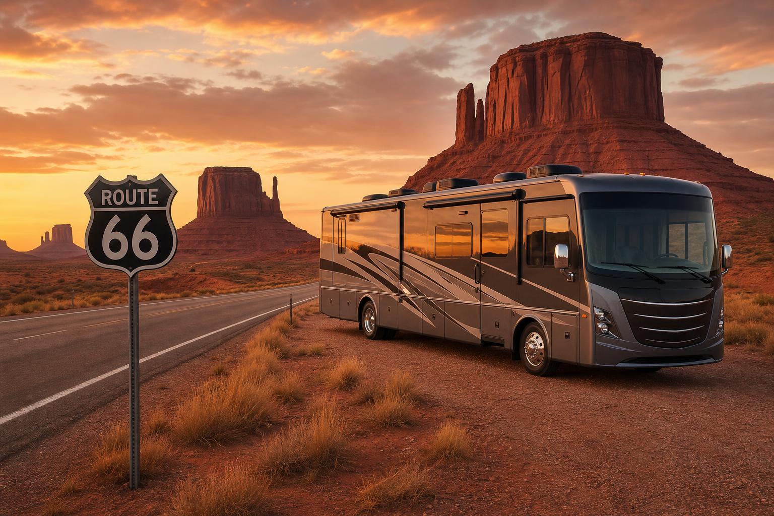 RV motorhome on a red-rock desert highway in Utah at sunset, evoking a US road trip