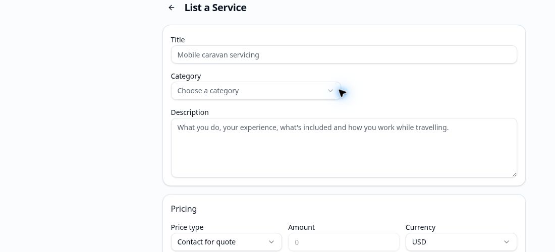 Trip Tracka Marketplace form for listing a service