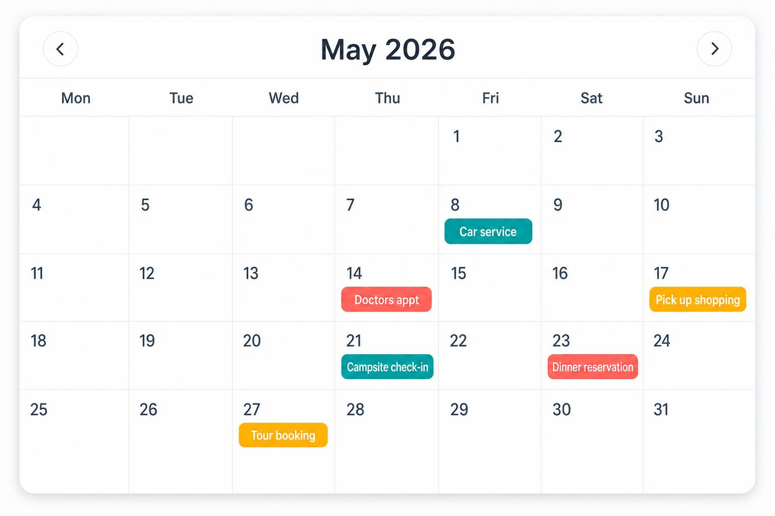 Monthly calendar view showing bookings like car service, doctors appointment and tour booking