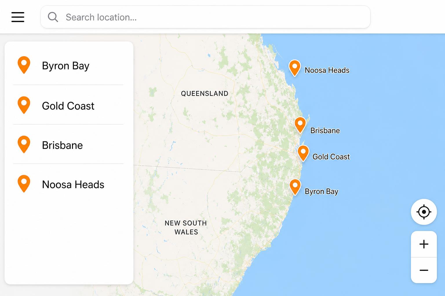 Trip Tracka map view with pins along the east coast