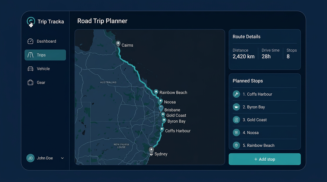 Road trip planner app showing a Sydney to Cairns route with numbered stops