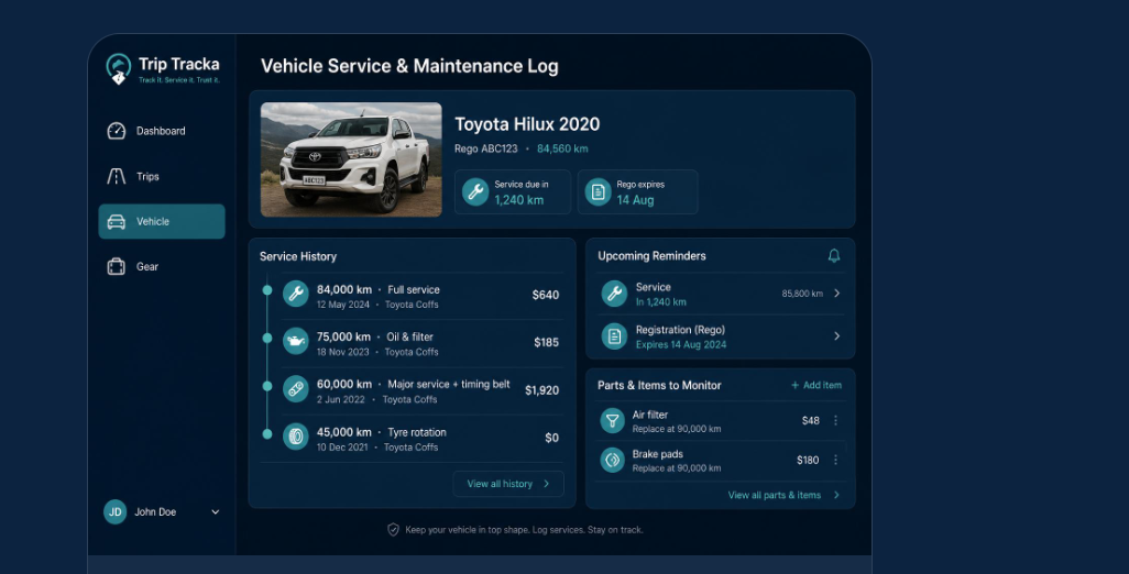 Vehicle service and maintenance log showing a Land Cruiser with service history and reminders